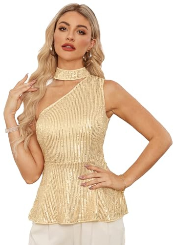 GRACE KARIN Kate Kasin, top da donna con allacciatura al collo, con paillettes, asimmetrico e spalle scoperte, linea ad A, per feste, Oro champagne, XL