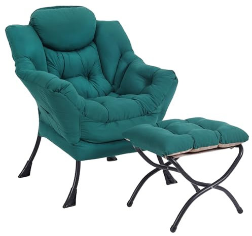 SESHINELL Sessel mit Hocker, Modern & Bequem Ohrensessel Wohnzimmer & Schlafzimmer, Relaxsessel mit Armlehnen, Loungesessel Lesesessel mit Stahlrahmen & Ottomane, Dunkelgrün