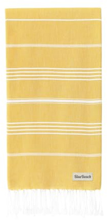 Blue Beach Turkish Towel - 100x180cm Large Turkish Hammam Peshtemal Towel - Super Absorbent, Quick Dry, Sand Free, Lightweight, Compact Towels for Swimming, Bath, Yoga Gym, Sauna and Travel (Mustard)