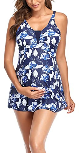 Tankini Maillots de Bain Maternité Shorty Taille Haute Maillot de Bain Enceinte Floral Tropical col en V été Ensemble Maillots de Bain Deux Pièces Grande Taille Plage Natation (Bleu-1, M)
