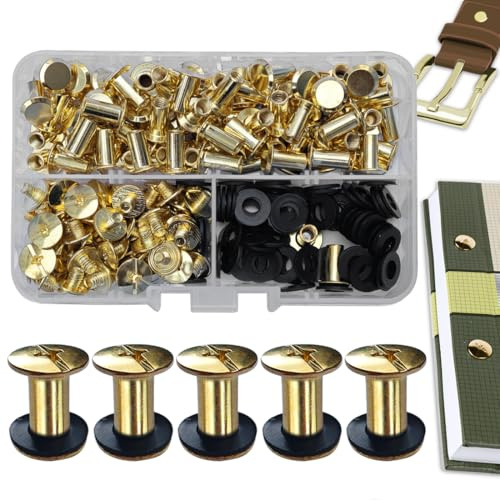 SHSMPXOY 80 uppsättningar Chicago bokskruvar rostfritt stål M5 x 10 mm Chicago-skruvar bokbindningsskruvar skruvnitar för läder, väskor, böcker, halsband, ryggsäckar, hundkoppel (guld)