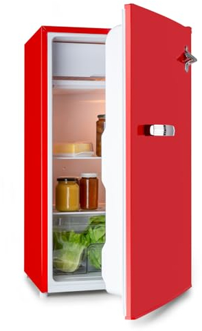 KLARSTEIN Beercracker - réfrigérateur 90 L, 90 L, Classe d'efficacité énergétique E, Compartiment congélateur, 3 Compartiments de Porte, décapsuleur sur l'appareil, 2 clayettes en Verre, Rouge
