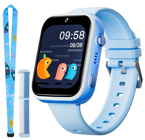 OKYUK 4G Smartwatch für Kinder, GPS-Tracker, mehrere Desktop-Stile zur Auswahl, Zwei-Wege-Anrufe, Bildkompetenz, SOS, WLAN, wasserdichter Touchscreen für 4–12 Jungen und Mädchen (T45 Blau)