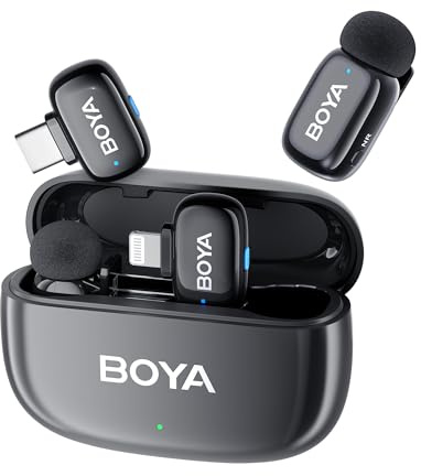BOYA BOYAMINI Micrófono inalámbrico, Mini micrófono de Solapa Doble para iPhone Android PC portátil con USB-C/Lightning, 100M, 36H de Potencia para grabación de vídeo, Streaming de Podcast