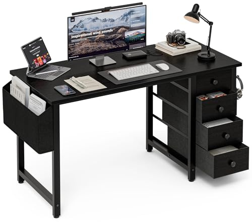 Grandder 120 cm Kleiner Computertisch mit 4 Stoffschubladen, Reversibler Schreibtisch für Kinder, Jugendliche & Homeoffice, Moderner Arbeitstisch für Schlafzimmer & kleine Räume, Schwarz