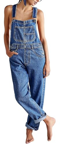 LYSINK Salopette en denim rétro pour femmes, jean droit à jambe large avec bretelles réglables, coupe ample et décontractée, A-A-Bleu, M