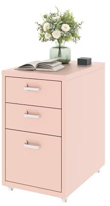 FLEXISPOT Rollcontainer Büroschrank mit 3 Schubladen, Aktenschrank Metallschrank Kommode mit Rädern, Schreibtisch Unterschrank für Zuhause und Büro (Rosa)