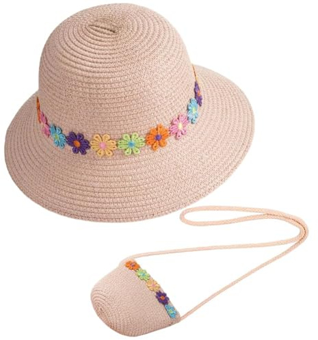 Sombrero para el Sol para niñas y Mini Bolso de Paja, Bolso pequeño con decoración de Flores Sombreros de Paja para la Playa de Verano Sombrero para el Sol para Actividades al Aire Libre (Pink)