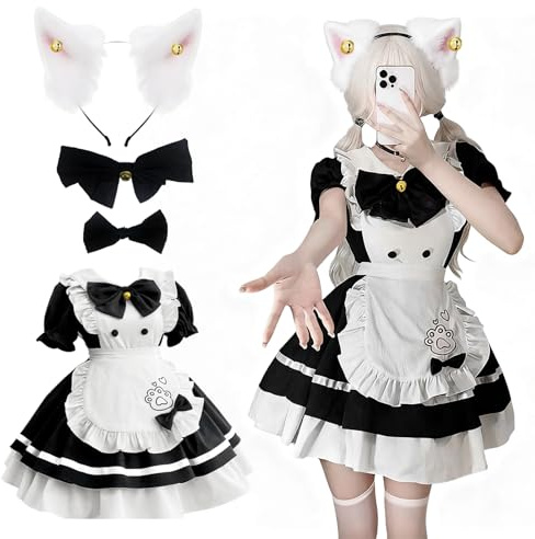 MeYuxg Maid Dress, söt katt fransk maid klänning, svart-vit Maid outfit med förkläde, huvudbonad och rosett, tjänsteflaska kostym för halloween, karneval, fester, serietidningskonferenser