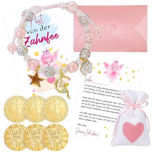 Fata dei Denti Regalo, Monete Fatina dei Denti (6x), Braccialetto Perle Fatina (1x) con Cartolina e Sacchetti di, Regalo per Ragazze, Fata d'Oro, Souvenir per Bambini, Set Souvenir