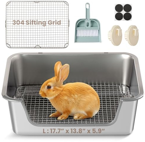 Aothey Rabbit Litter Box, Extra Large Bunny Litter Box with 304 Stainless Steel Sifting Tray & Hooks, Rabbit Litter Box, Easy to Clean and Odor Control (17.7 × 13.8 × 5.9)