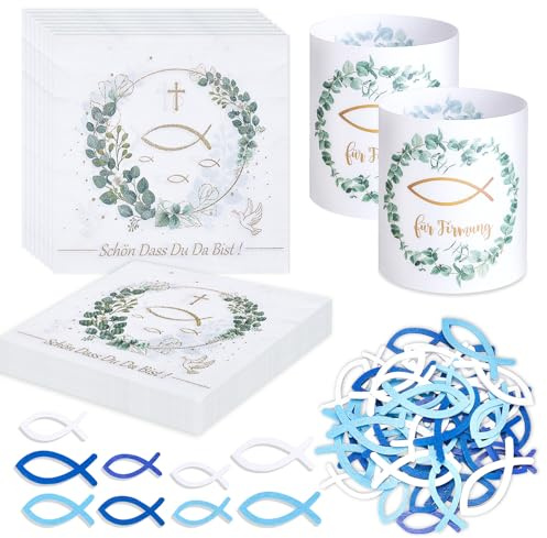 20 Serviettes Eucalyptus + 12 Photophores Décorations de Table + 54 Poissons en Bois Confettis, Décoration de Table Verte pour Baptême, Communion Garçon Fille