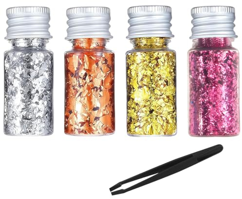 IWIDYA 4 Bottiglie di schegge di foglia d'oro, schegge di foglia d'oro, decorazione di torta, per artigianato e nail art (4 colori)