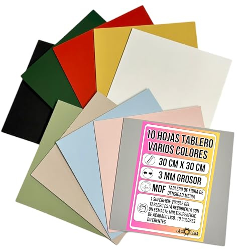 LA SOLERA Pack 10 Hojas Tablero MDF Colores Variados | 300 x 300 x 3 mm | Placa MDF Pintada | Manualidades, Bricolaje y Artesanía | Corte Láser, Pirograbado, Maquetas | Corte Limpio a Sierra