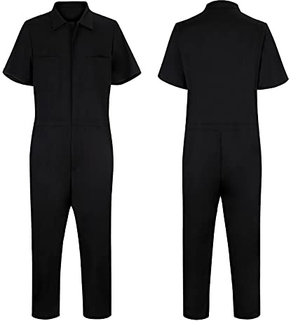 Overall herr arbetskläder, jumpsuit herr sommar kortärmad andningsaktiv träningsoverall raka ben sparkbyxor med skjorta vattentät skyddande hängselbyxor enfärgad arbetsoverall, svart, XXL