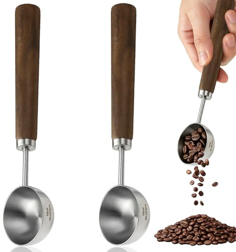 TIANLIN 2 Pezzi Cucchiai Dosatori Retrò per Caffè 15 ml – Cucchiaio Porzionatore in Acciaio Inox con Manico in Noce, Ideale per Caffè, Tè, Zucchero e Spezie – Cucchiaio per Espresso Vintage, Argento