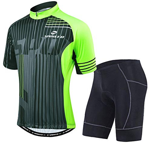 sponeed Cycing Suit,Men Biking Jersey Short Sleeve,Bicycle Pants 4D Padded Clothes Outfit for Riding Multi Green US M