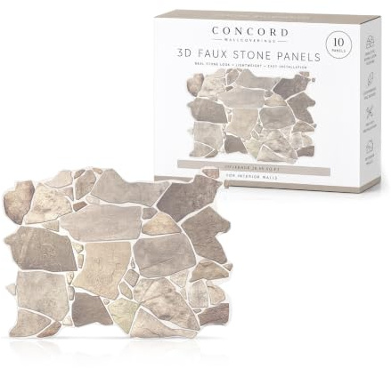 CONCORD WALLCOVERINGS ™ Retro-Art 3D Faux Stone Wall Panels, Pack of 10, Grey Beige Brown Wild Boulder, Lightweight PVC Sheets 17.5 x 23.75 (44.5cm x 60.3cm), Rock Tiles - Covers 28.86Sq Ft (2.7m2)