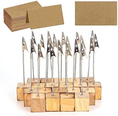 20 Pcs Rustic Wood Place Card Holders with Memo Clips and 30 Pcs Kraft Place Cards, Wooden Table Number Holder Stand Photo Picture Note Clip Holders for Wedding Party Name Sign - Cube Base