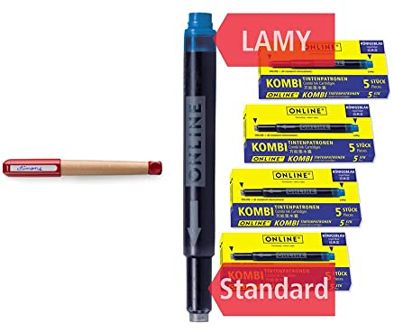 Lamy abc Füllhalter 010 – Füller aus Ahornholz und Kunststoff in der Farbe Rot & ONLINE,17026,20x AA8kompatible LamyPatronen blau, Universal-Tintenpatronen,für alle gängigen Füller
