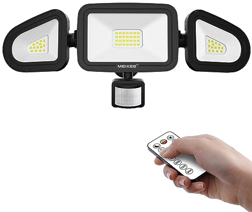 MEIKEE 42W LED Strahler mit Bewegungsmelder Fernbedienung 400-3600LM 6500K 3 Modi Helligkeit Einstellbar IP66 Wasserdicht LED Fluter Drei-Kopf 180°Verstellbar Scheinwerfer für Garage Garten Terrasse