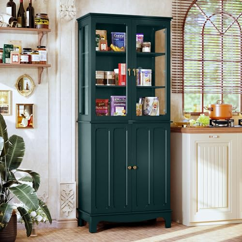 HOLTICO Freistehender Küchenschränke mit Glastür, Glasküchenschrank, Klassischer Hoher Schrank mit Glastür und Verstellbaren Regalen für Küche, Wohnzimmer und Esszimmer,Grün