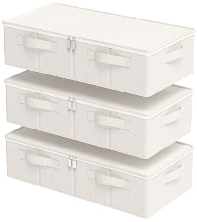 ENUMAIL Underbed Storage Box Organizer, Foldable Under Bed Clothes Bags Container, Flat Bins with Lid for Organizing Clothes, Sheets, Blankets, Comforter, 60x30x15cm, Beige, 3 Pack