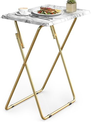 FoldWise Elegant Marble Stone Effect Folding Side Table – Fully Assembled Small Foldable Coffee Table & TV Dinner Tray – Compact Table for Eating, Snack, Bedside & Sofa Use