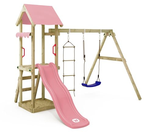 Gioco da giardino WICKEY TinyCabin con altalena e scivolo rosa pastello, struttura da esterno per bambini con sabbiera, scaletta e accessori da gioco