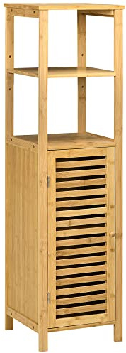 kleankin Meuble Colonne Salle de Bain en Bambou, Armoire de Salle de Bain Haute avec 2 étagères Ouvertes et Placard, Meuble de Rangement pour Salon, WC, 32,9 x 29,9 x 120 cm, Bois Naturel