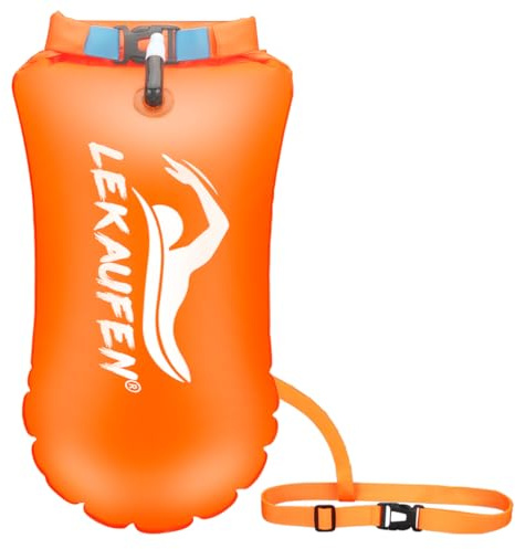 LeKaufen Swim Buoy for Open Water, 20L Swim Safety Float Waterproof Dry Bag for Swimmers Triathletes Kayakers Snorkelers, Swimming Pull Buoy for Safer Swim Training (Light Orange)
