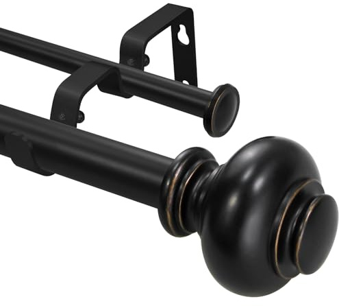 -BHSRODS Ensemble de tringles à rideaux doubles de 2,5 cm – Tringles de tension pour fenêtres de 213,4 à 304,8 cm avec embouts ronds – Pour salon et chambre à coucher – Noir