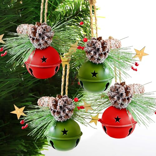 4 Pack Christmas Hanging Jingle Bells Ornaments, Red and Green 3.5 Inch Metal Bells with Frosted Pinecones, Snowy Pine Leaves and Berries, Rustic Xmas Decorations for Tree, Door, Fireplace Party Décor