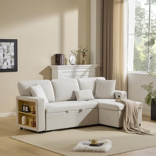Easexcy Divano ad angolo, a forma di L, allungabile, con ripiano integrato, 214 x 131 x 87 cm (beige)