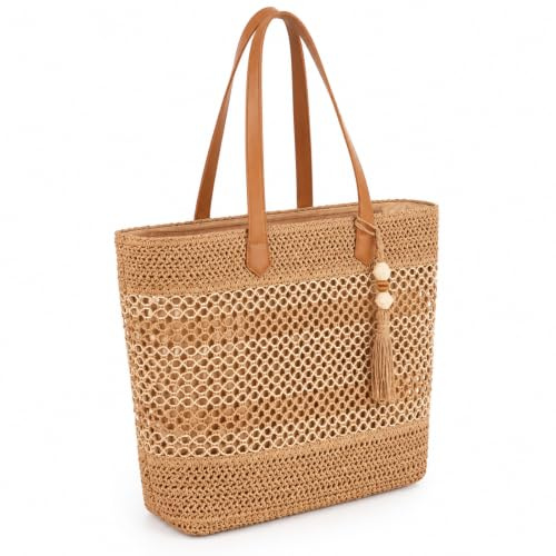 Bukecagif Sac de Plage, Sac en Paille pour Femmes, Sac à provisions tressé Moyen avec Fermeture éclair, pour Plage Vacances été, Marron