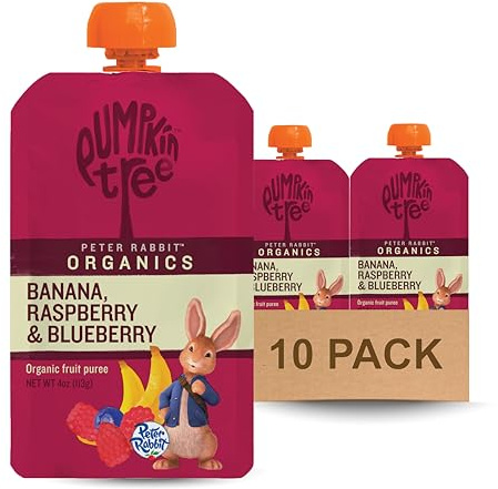 Pumpkin Tree Peter Rabbit Organics, Organic Raspberry, Banana and Blueberry 100% Pure Fruit Snack, 4 oz. Squeeze Pouches (Pack of 10)