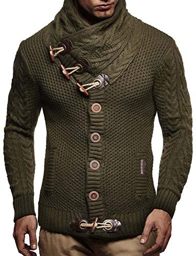 Leif Nelson Men Cardigan Jacket Shawl Collar LN-4195 Khaki Medium