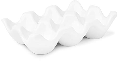 Flexzion 6 Eier Keramik Eierhalter, 6er Porzellan Eierablage Aufbewahrungsbox, Rutschfester Eierteller Eierplatte Eierbehälter Eierträger Eierbox für Zuhause Küche Kühlschrank Restaurant - Weiß