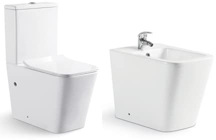 El Baño Moderno Inodoro Completo + Bidé a Juego. Incluye Cisterna y Tapa Amortiguada. Porcelana Blanca Esmaltada. Sistema Rimless Antibacterias