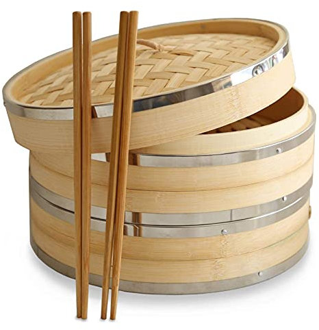 LTLWSH Cestello per Cottura a Vapore con 2 Piani e Coperchio - Cestello in bambù per Cottura a Vapore - Vaporiera Bambu, Pentola per Cottura a Vapore con 2 Paia Bacchette,24cm