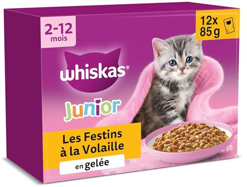WHISKAS Aliment humide en gelée Chat junior 12x85g Festins à la Volaille (Lot de 4) 48 Sachets