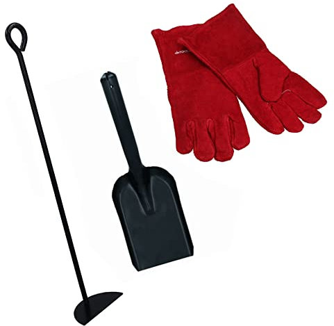 AB Tools D Râteau à cendres, pelle et gants Outil Brûleur à bois, charbon en acier, métal noir