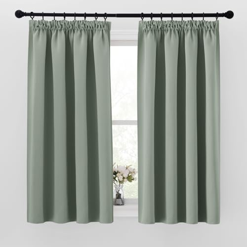 PONY DANCE Blackout Pencil Pleat Curtains, Sage Green, W46 x L45, 2 Panels | Thermal Insulated Curtains with Noise Reducing & Privacy, Luxury Soft Window Treatment for Bedroom, Living Room & Kitchen