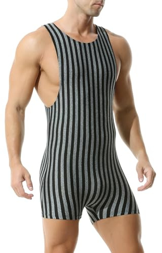 YOOBNG Mens Striped Wrestling Singlet Athletic Supporters Shapewear Bodysuit Boxer Shorts One-Piece Jumpsuit