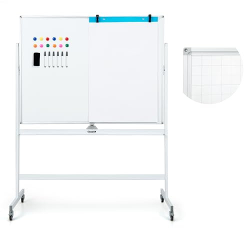 COSTWAY Dubbelsidig mobil whiteboard, 120 x 90 cm, torr avtorkbar magnetisk whiteboard med rutmönster, rullar, stativ och pennhylla, inkl. tillbehör för kontor, hem (vit)