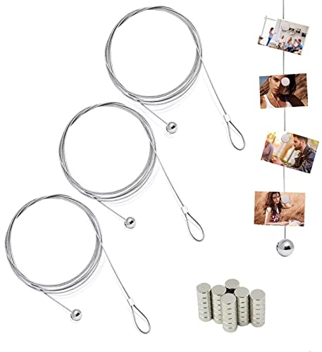 BEROZA 3 Stück Fotodrahtseil Fotokette 2M*1.5mm Bildaufhängung Seil mit 36 Knopfmagnete Fotodraht mit Magneten Fotoseil Metall Fotoleine Magnetseil Fotos Bilderseil Zum Aufhängen Foto Postkarten