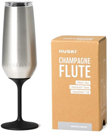 Huski Champagne Flute | New | Award-Winning Design with Detachable Stem | Premium Stainless Steel Champagne Glass with Lid | Triple Insulated Tumbler | 240ml Capacity | Great Gift (Stainless)