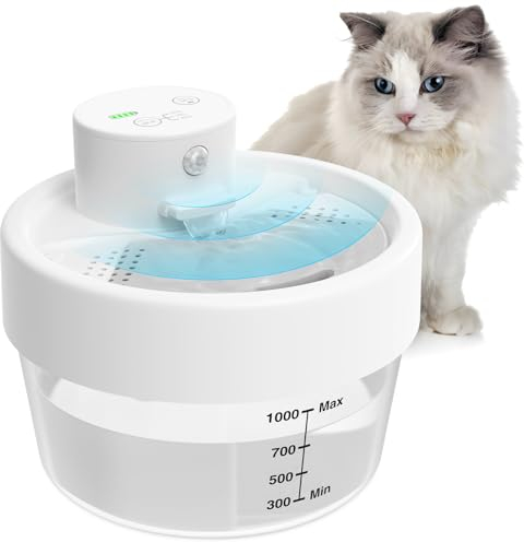 MASBRILL - Fuente de Agua para Gatos inalámbricos, 1 L, dispensador de Agua para Gatos y Perros con Detector de Movimiento, súper silenciosa, Fuente de Agua y Gato, Sensor automático, 3 Modos de