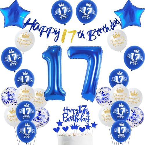 Decoración 17 años cumpleaños niño, banderola azul 17 años cumpleaños guirnalda decoración 17 cumpleaños niño globos de oro cumpleaños decoración de la torta 17 años cumpleaños 17 años niño globo