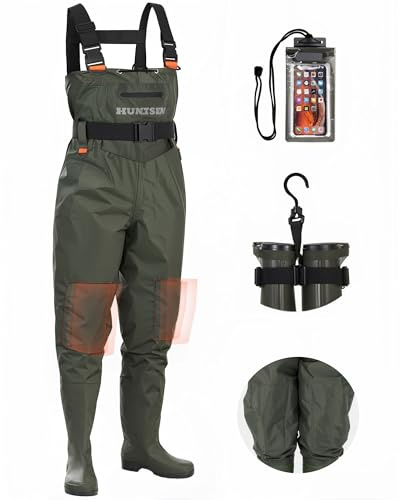 HUNTSEN Fishing Waders for Men Women - 2-Ply Nylon/PVC Waterproof Bootfoot Chest Waders for Hunting with Boot Hanger & Waterproof Phone Case & Reinforced Neoprene Knees Green Size M11